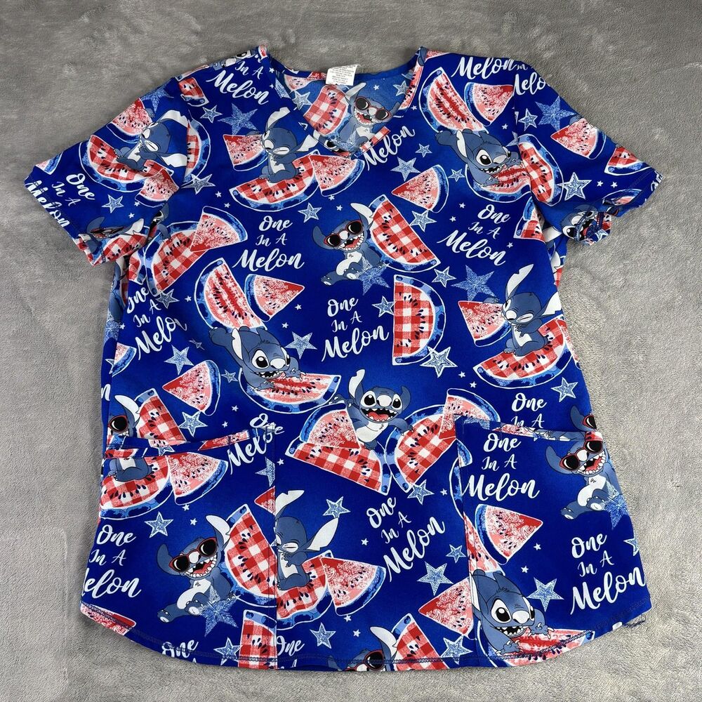 Disney Shirt Womens Medium Blue Stitch One In A Melon Tunic Top Pockets Graphic